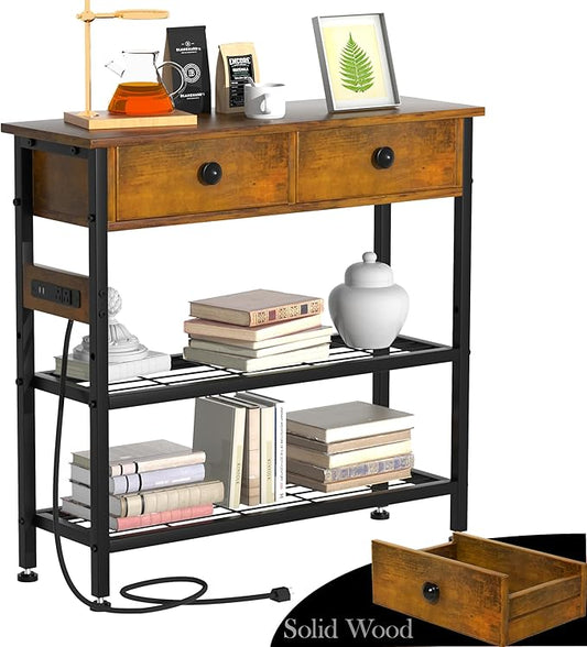 GRLEAF 32" Console Table with Outlets & USB Ports – Narrow Entryway Table with 2 Drawers and Storage Shelves, Power Strip Sofa Table for Living Room, Hallway, Kitchen, Foyer – Rustic Brown Wood Finish
