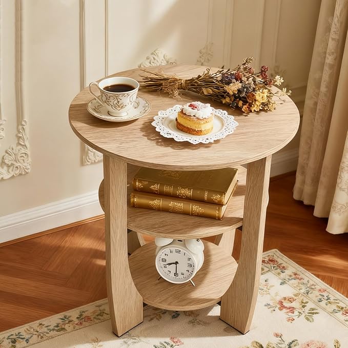 Round End Table with Storage Shelf,3 Tier Modern Side Table, Sofa Recliner Side Table,Accent Coffee Table,Nightstand for Living Room Bedroom for Small Spaces,19.7" D x 21.7" H