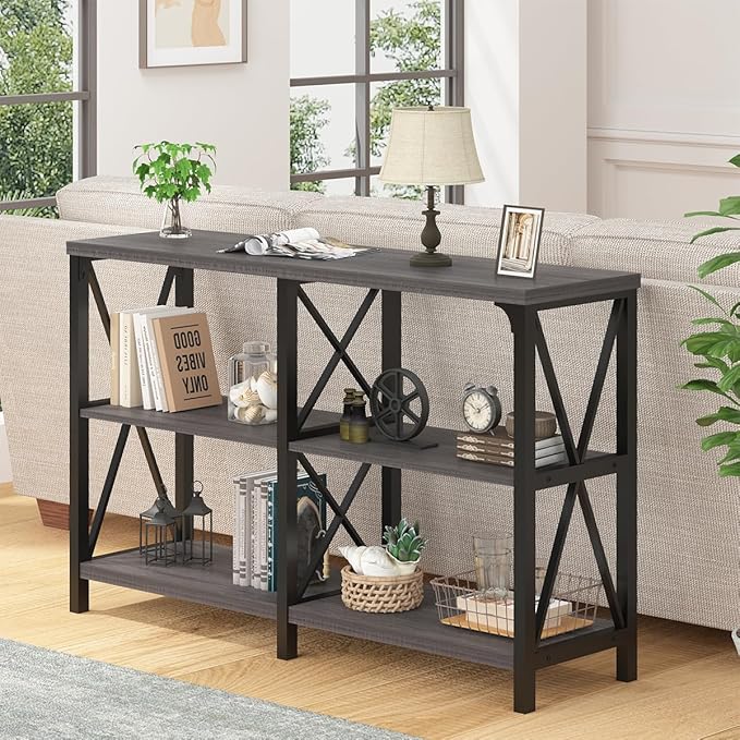 IBF Modern Entryway Table, Rustic Sofa Table Behind Couch, Industrial Metal Wood Console Table with Storage Shelves, 3 Tier Foyer Hallway Table for Entry Living Room Bedroom, Dark Gray Oak, 47 Inch