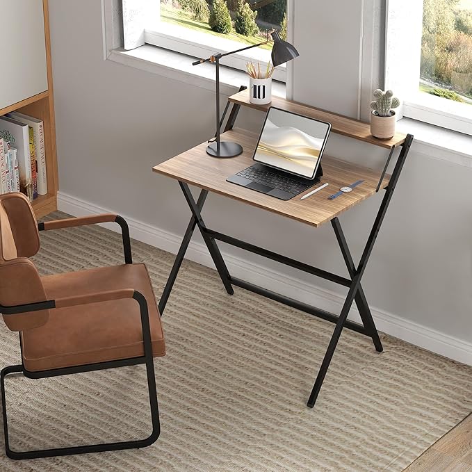 HOMCOM Small Folding Desk, 32 Inch Foldable Computer Desk with Monitor Shelf, Space Saving Portable Writing Table for Small Spaces, Home Office, Study, Easy Assembly, Walnut