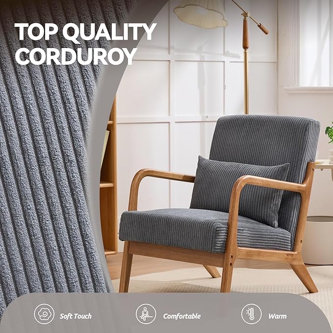 Mid Century Modern Corduroy Accent Chair, Living Room Chairs with Lumbar Pillow Boho Arm Chiar Reading Chair with Solid Wood Frame for Living Room Bedroom