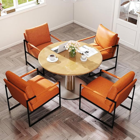 CANMOV Modern Accent Chair Set of 4, PU Leather Armchair with Metal Frame,Comfy Single Reading Chair with Soft Padded Backrest and Cushion for Living Room, Bedroom,Reading Room,Office,Brown