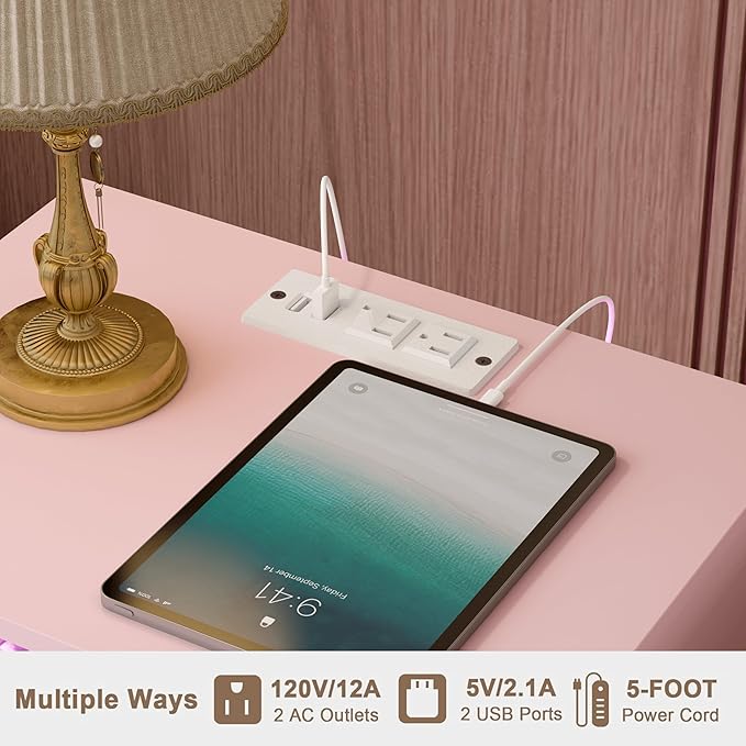 Modern Nightstand with Charging Station and LED Lights, White Bedside Table with Drawer, Fluted Side Table for Living Room, Bedroom