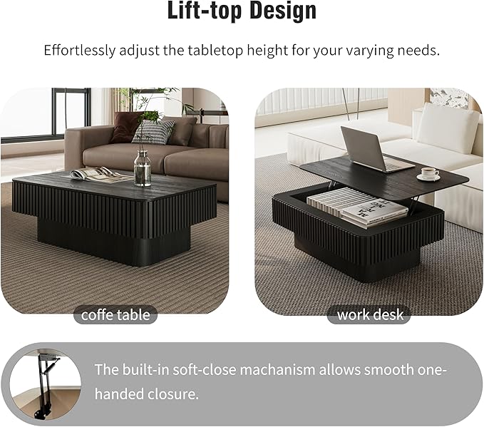 38.6'' Lift Top Fluted Coffee Table with Hidden Compartment, Modern Rectangular Wooden Center Table Cocktail Tea Table with Storage and Adjustable Height for Living Room Apartment, Black