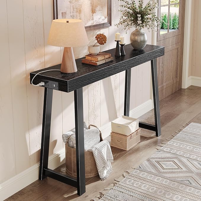 Huuger Entryway Console Table with Charging Station, USB-C Port, 47.2 Inch Sofa Table with Metal Legs, Entry Hallway Table with Thicker Desktop, Modern Behind Couch Table, Black