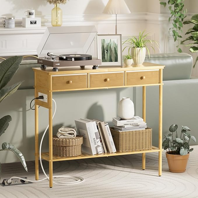 Entryway Table Sofa Console Table, Bamboo Small Entry Way Table with Drawers Storage and Power Outlets for Living Room, Hallway, Foyer, Entrance