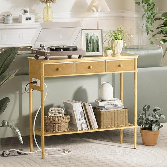 Entryway Table Sofa Console Table, Bamboo Small Entry Way Table with Drawers Storage and Power Outlets for Living Room, Hallway, Foyer, Entrance