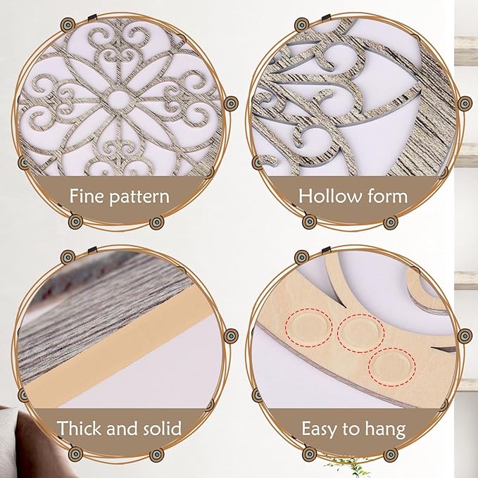Zzbakress 4 Pieces Farmhouse Wall Decor Rustic Circle Wall Decor Wooden Hollow Carved Round Wall Art for Living Room Bedroom Kitchen Bathroom Home Wall Decoration (Elegant, Retro)