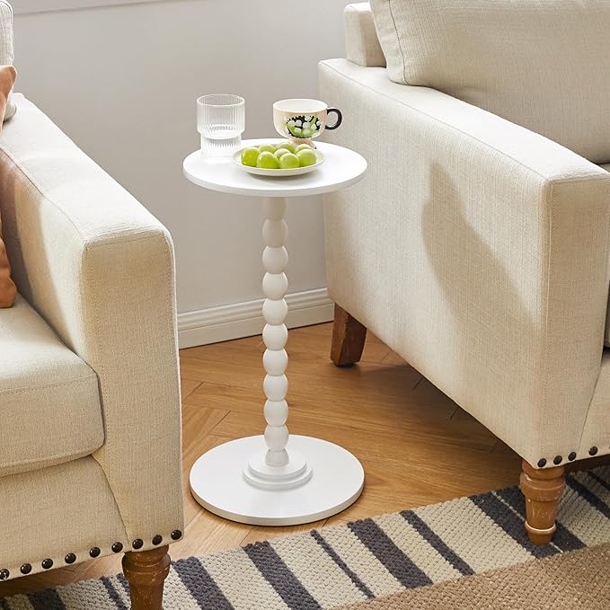 Side Table, Wood Round Drink Table, Small End Table, Weighted Base Pedestal Table for Living Room, Bedroom, Modern White YD-RST001W