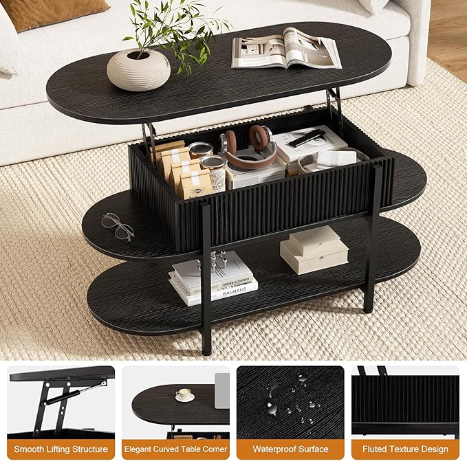 FABATO 41.7" Oval Lift Top Coffee Table, Fluted Wood Center Table with Hidden Storage, 3 Tier Small Tables with Curved Edge, Modern Narrow Coffee Table for Living Room Reception Room, Black