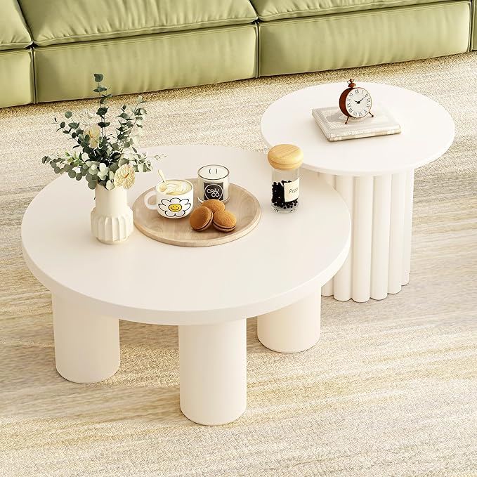 Modern Coffee Table Set of 2, Round Center Table with Roman Column Legs,Space-Saving Stackable Design,Matching End Tables for Living Room, Industrial & Functional, Easy Assembly,White
