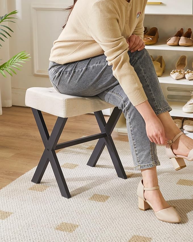 IBUYKE U-Shaped Linen Vanity Stool, Square Makeup Chair with X-Leg, Ottoman Seat Footrest Stool, Multi-Use as Small Side Table, for Bedroom, Living Room, Linen WBD018Y