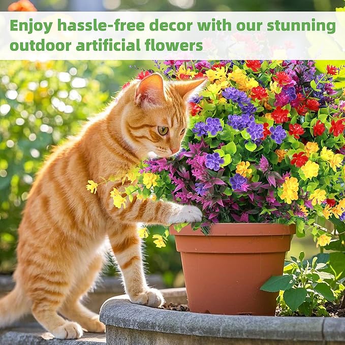 12 Bundles Artificial Flowers for Outdoors UV Resistant, Artificial Flowers Outdoor Decoration, No Fade Faux Fake Flowers Greenery Shrub Plants for Garden Home Front Porch Window Hanging Decor