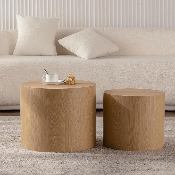 Nesting Coffee Table Set of 2, Modern Round Wooden Circle Accent Coffee Tables for Small Spaces Living Room Bedroom Balcony Office Drum Side Table