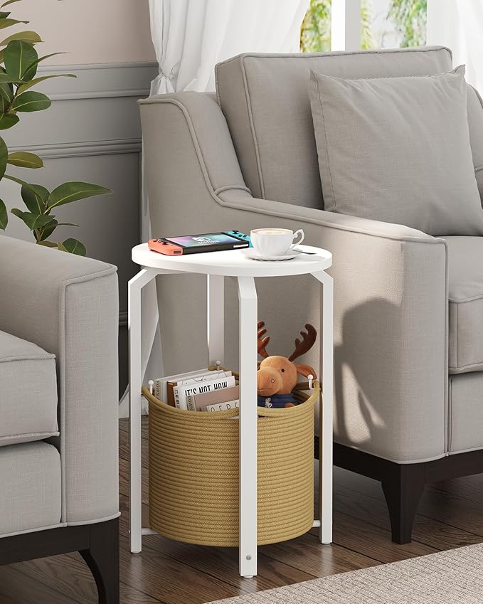 TUTOTAK Small Side Table, Oval End Table, Night Stand, Bedside Table, Sofa Table with Storage Basket, Living Room, Bed Room, White and Beige TB01BWN093