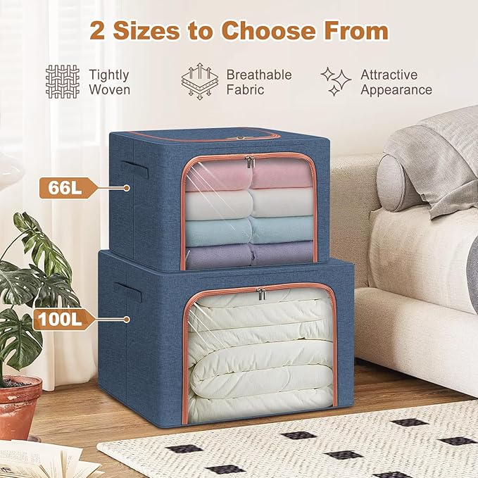 3 Pack Foldable Storage Bins with Metal Frame, Large Capacity Stackable Clothes Organizer with Clear Window & Carry Handles, Linen Fabric Storage Boxes for Closet (Navy Blue, 3PCS-Large-66L)