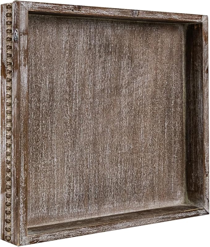 Wooden Decorative Tray, Small Serving Tray with Wood Bead, Farmhouse Big Tray for Ottoman, Countertop, Coffee Tabl, 13" x 13"x 1.6" (Retro Brown)