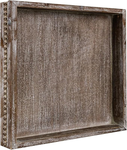 Wooden Decorative Tray, Small Serving Tray with Wood Bead, Farmhouse Big Tray for Ottoman, Countertop, Coffee Tabl, 13" x 13"x 1.6" (Retro Brown)