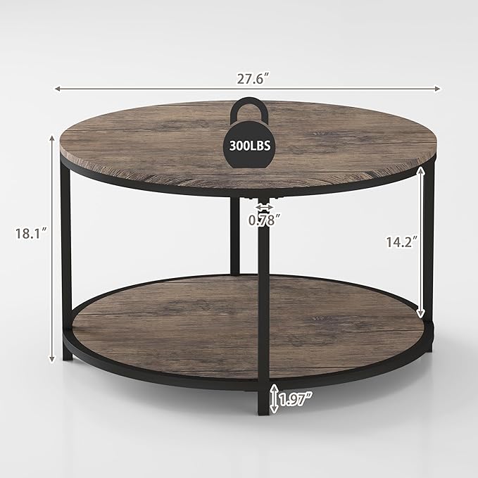 Round Coffee Table, Rustic Wooden Surface Top & Sturdy Metal Legs Industrial Sofa Table for Living Room Modern Design Home Furniture with Storage Open Shelf (Light Walnut, 28 in)