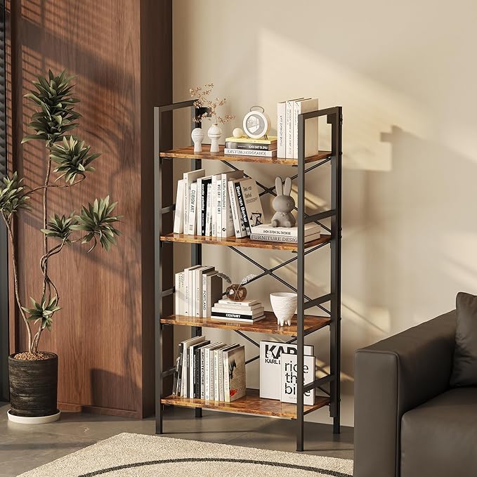 Homeiju Folding Bookshelf,4 Tier Bookcase Foldable Shelf with X-Bracket Design, Adjustable Feet, Space Saving Storage for Living Room, Office, Rustic Brown