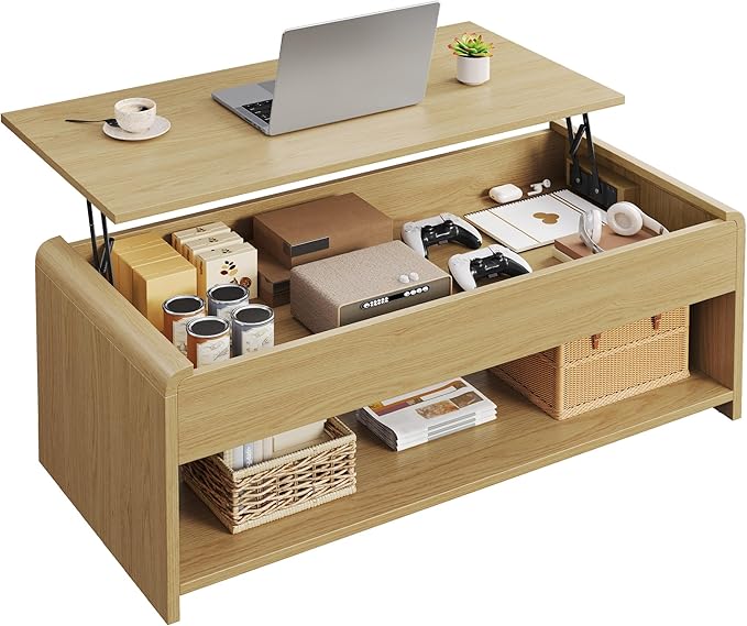 Lift Top Coffee Table, 35'' Modern Coffee Table with Hidden Compartment & Open Shelf, Curved Profile Design, Converts to Home Office Table, Dining Table, Center Table for Living Room, Natural