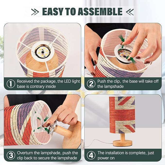 Table Lamp UK British Flag England London Union Jack Painted on Brick Wall Nightstand Lamp with Wood Base Fabric Lamp Shade Bedside Desk Lamp for Living Room Bedroom Kids Room Office