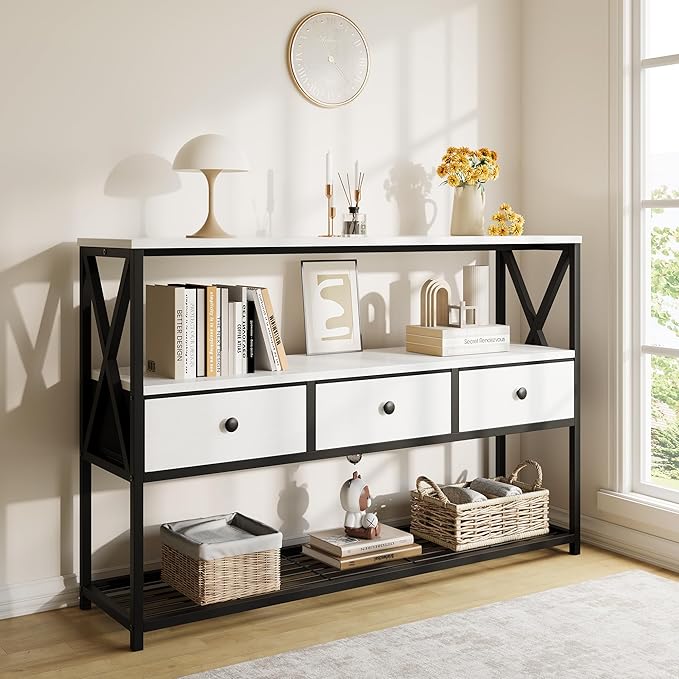 47'' Farmhouse Console Table with 3 Drawers and Open Shelf, Sofa Table Behind Couch with 3-Layer Storage, Rustic Entryway Table for Living Room, Hallway, Foyer, Kitchen, White