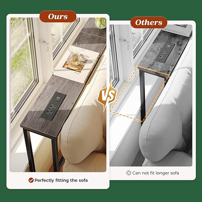 SUPERJARE 102.4 Inch Sofa Table with Power Outlets and USB-C Ports, 5.9 Inch Narrow Console Tables, Entryway Hallway Couch Tables with Storage, Behind Sofa, Small Spaces, Living Room, Grey