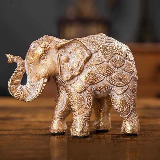 Elephant Statue for Home Decorations, Elephant Figurines with Trunk Up, Room Decor for Shelf Table Living Room Nightstand, African Elephants Gifts for Women Small Set of 2 Gold Color Accents