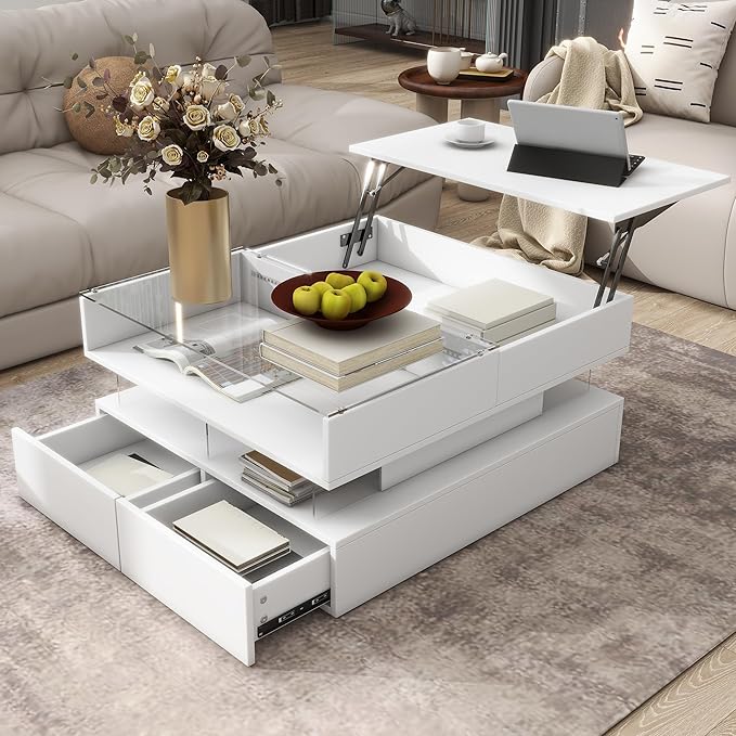 Lift Top Coffee Table with 2 Drawers and LED Lights, Modern 29.5" Square High-Gloss Center Table Cocktail Tea Table with Glass Top and Hidden Space for Living Room Apartment White