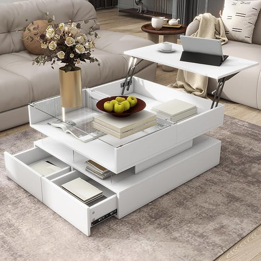 Lift Top Coffee Table with 2 Drawers and LED Lights, Modern 29.5" Square High-Gloss Center Table Cocktail Tea Table with Glass Top and Hidden Space for Living Room Apartment White