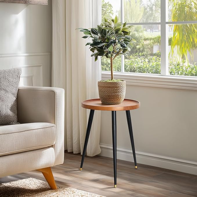 Plant Stand Indoor, Mid Century Wood Plant Table Plant Holder with Raised Design,Heavy Duty Metal Tall Flower Pot Stand, Modern Home Decor Small Round Side End Table(11.8"x16")