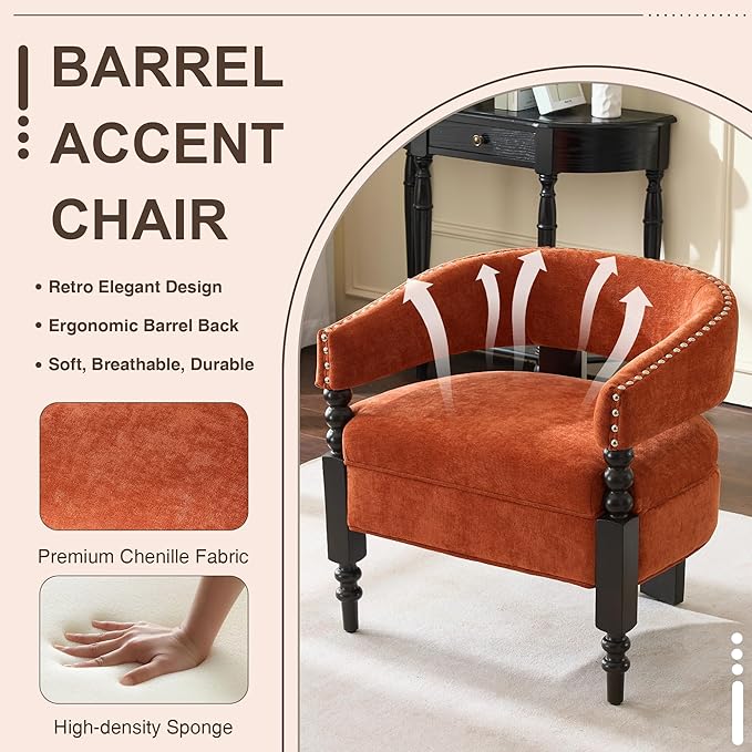 LOULENS Barrel Accent Chair for Living Room | Vintage Chenille Upholstered Lounge Chair with Solid Wood Legs, Armchair for Bedroom, Reception Room & Reading Nook, Orange