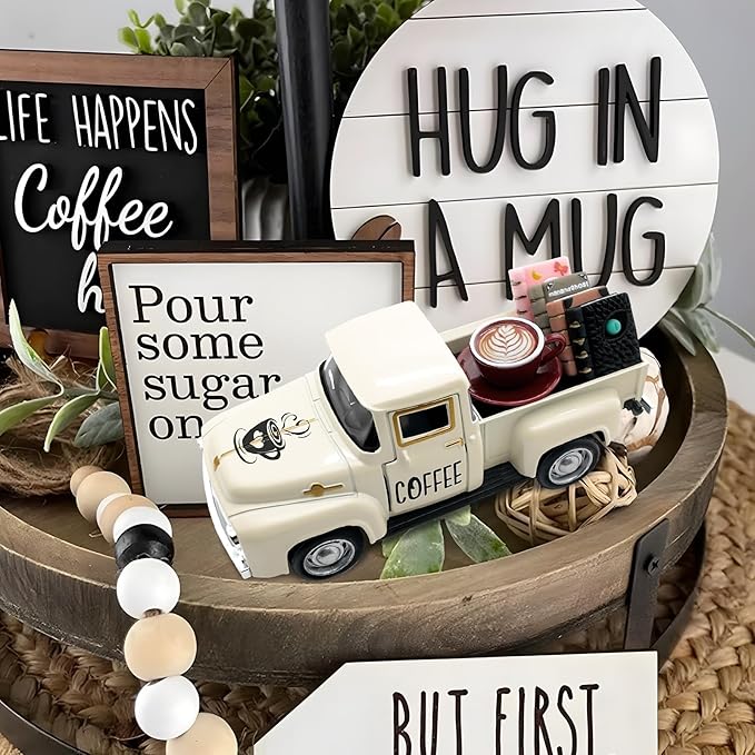 Coffee Decor for Coffee Bar Vintage Truck Decor with Books and Coffee Signs for Coffee Station Farmhouse Kitchen Decor Coffee Bar Accessories Tiered Tray Decor Coffee Table Centerpiece for Home, Cream