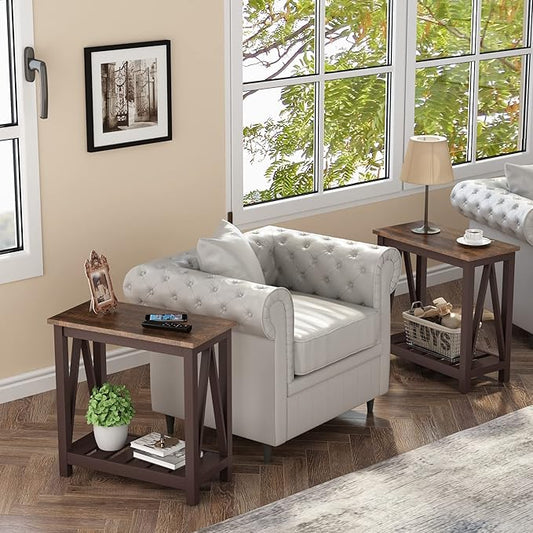 ChooChoo Farmhouse End Table, Rustic Vintage Narrow End Side Table with Storage Shelf for Small Spaces, Nightstand Sofa Table for Living Room, Bedroom Espresso 2 Pack