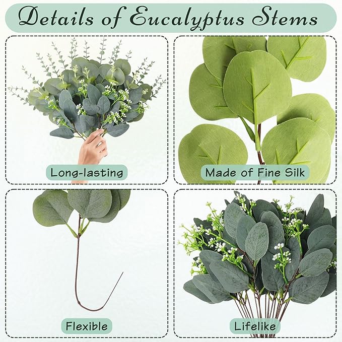 100 Pcs 4 Kinds Mixed Eucalyptus Stems Bulk, Artificial Silver Dollar Eucalyptus Leaves Bundle Faux Greenery Branches for Wedding Centerpiece Vase Bouquet Floral Arrangement Home Decor