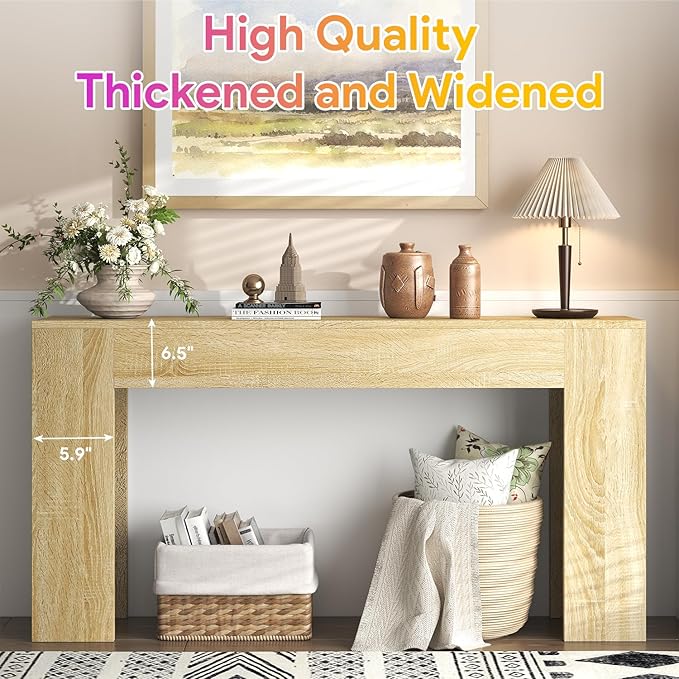 63-Inch Long Console Table with LED Light, Farmhouse Sofa Table Behind Couch, Wooden Console Table for Entryway Hallway Entrance Living Room, Nature