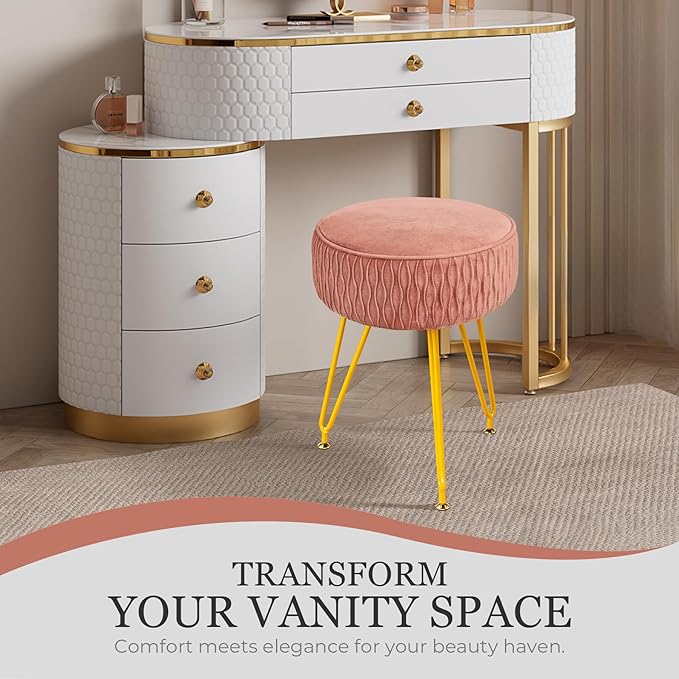 Velvet Vanity Stool Footrests, Round Ottoman Vanity Chairs with Anti-Slip Feet, Dressing Table Seat Foot Stool with Black Legs, Furry Padded Seat Side Table for Makeup Bedroom(Pink, Golden)