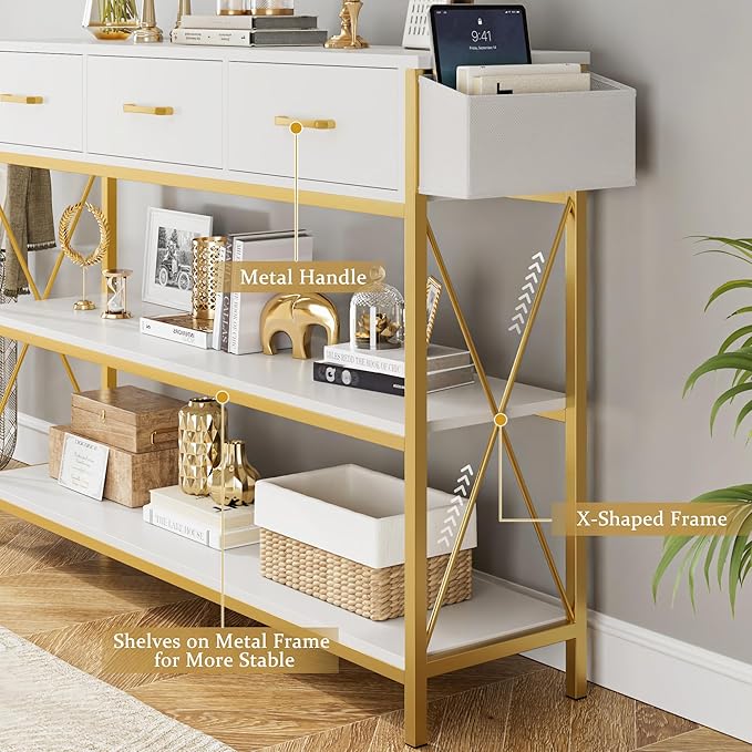 HITHOS 47.2" Console Table with 3 Drawers, Narrow Long Entryway Table with 3-Tier Storage Shelves, Industrial Sofa Foyer Table for Living Room, Hallway, Entry Way, Foyer, Kitchen, White/Gold