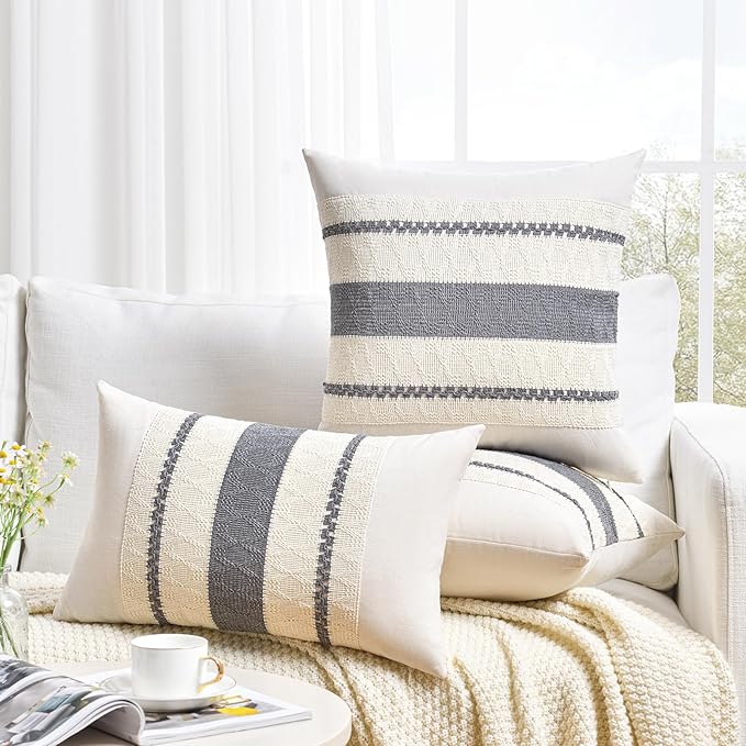 Fancy Homi Set of 2 Neutral Grey Farmhouse Decorative Throw Pillow Covers 22x22 Inch for Couch Bed Chair Indoors, Vintage Country Rustic Retro Room Decor, Soft Thick Cotton Handmade Woven Cushion Case