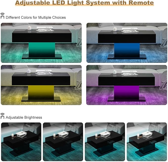 Led Coffee Table for Living Room, Living Room Table Rectangular Center Table, Modern High Glossy Wooden Coffee Tables with 16 Colors LED Lights for Dining Reception Room, Black