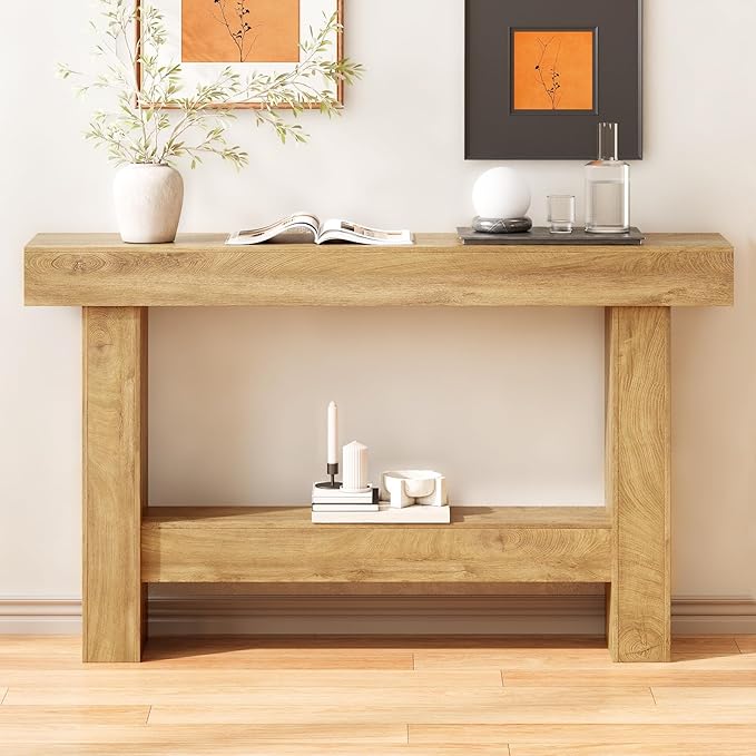 Farmhouse Console Table, 55'' Entryway Tables with Storage, 2-Tier Wooden Modern Console Tables Rectangular Sofa Table for Living Room, Entrance, Hallway (Grayish Brown)