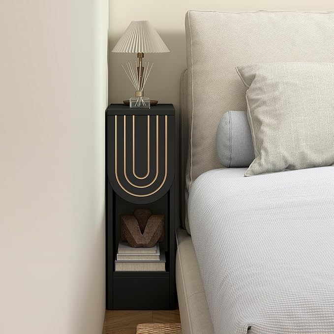 Narrow Nightstand, Black Bedside Table with Carving Lines Drawer, Mid-Century Modern Slim Side End Table for Bedroom Small Space, Wooden Small Night Stand (1, Black)