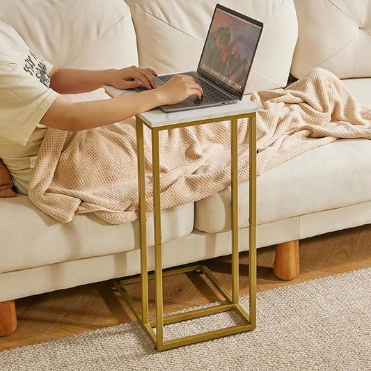 Small Side Tables C Shaped, End Table Set of 2, Small Table Stand for Living Room Bedroom, lLittle Bedside Table Faux Marble+Gold YD-TM051G-2