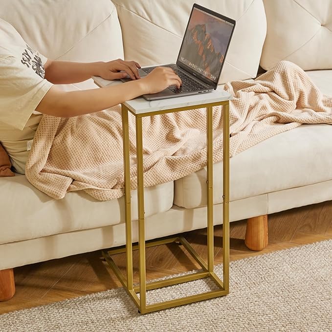 Small Side Tables C Shaped, End Table, Small Table Stand for Living Room Bedroom, Little Bedside Table Faux Marble+Gold YD-TM051G