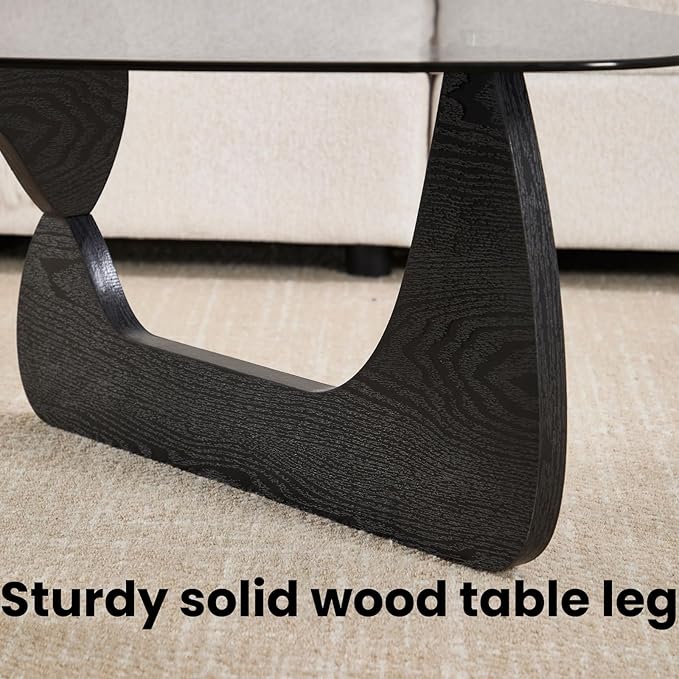 DUOMAY Modern Triangle Glass Coffee Table, 16 Inch High Glass Top Abstract Small End Table with Solid Natural Wood Base, Tea Table Suitable for Living Room, Office, Patio, Apartment, Black Wood