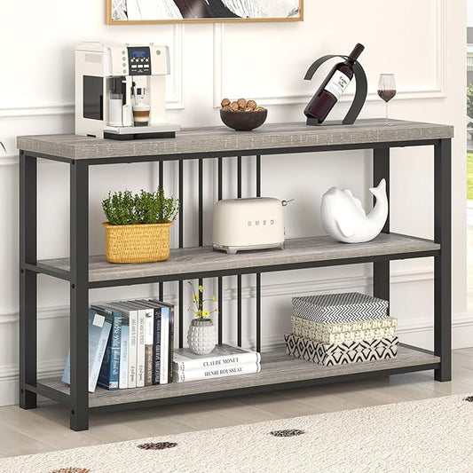 FOLUBAN Console Tables for Entryway, Sofa Table with 3 Tier Storage for Living Room Hallway Foyer Behind Couch, Rustic Light Grey