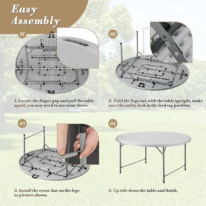 Athena Collection 5.5 ft Plastic Folding Dining Table, Large Foldable Round Card Table Portable with Carry Handle Heavy Duty Fold-in-Half for Indoor Outdoor Party Camping, Grey
