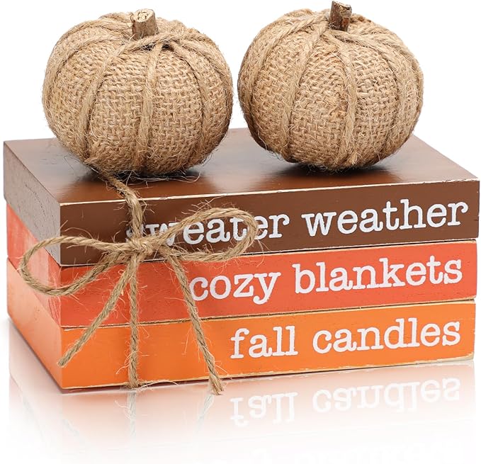 KORMMCO Thanksgiving Decor, Fall Tiered Tray Decor, Wood Book Stack with Maple Leaves & Pumpkins, Farmhouse Mini Decorative Books Bundle, Fall Decor for Table