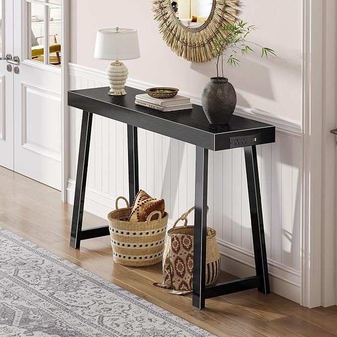 Huuger Entryway Console Table with Charging Station, USB-C Port, 47.2 Inch Sofa Table with Metal Legs, Entry Hallway Table with Thicker Desktop, Modern Behind Couch Table, Black